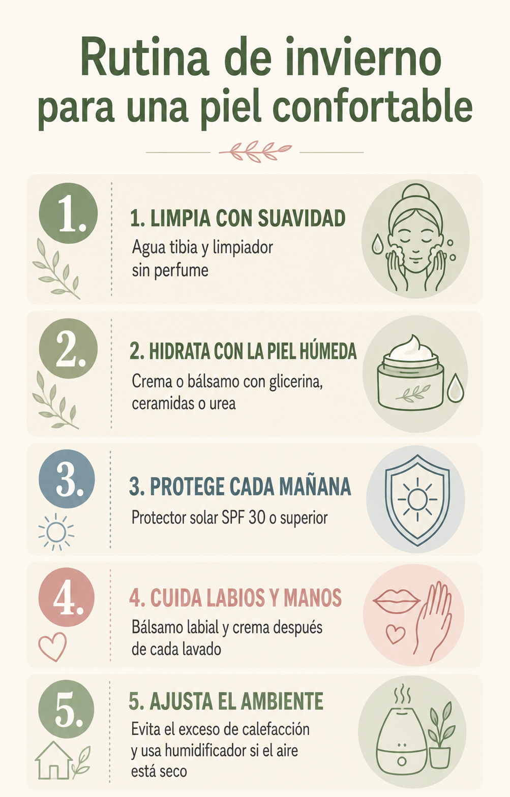 Infograf&iacute;a con cinco pasos para cuidar la piel en invierno: limpieza suave, hidrataci&oacute;n, protector solar, cuidado de labios y manos y control de la calefacci&oacute;n