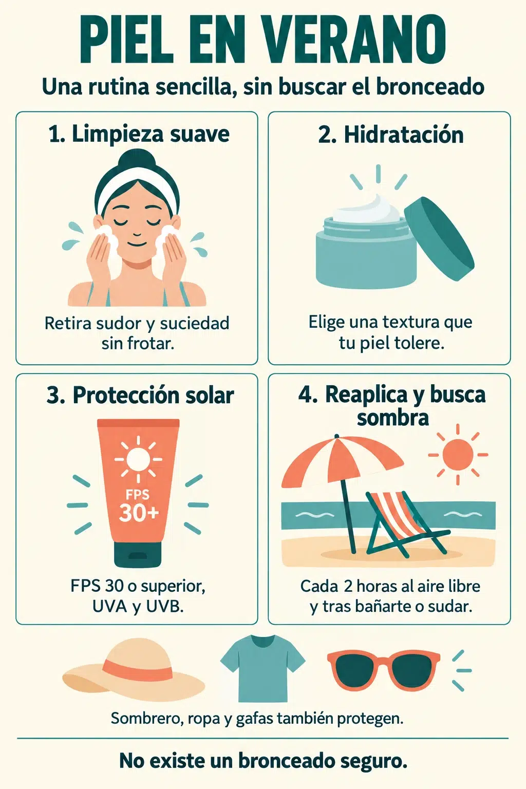 Rutina de verano con limpieza suave, hidratación, protección solar y reaplicación