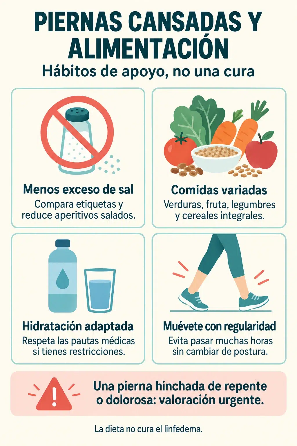 Hábitos de alimentación y movimiento para apoyar el cuidado de piernas cansadas, con señales de alerta