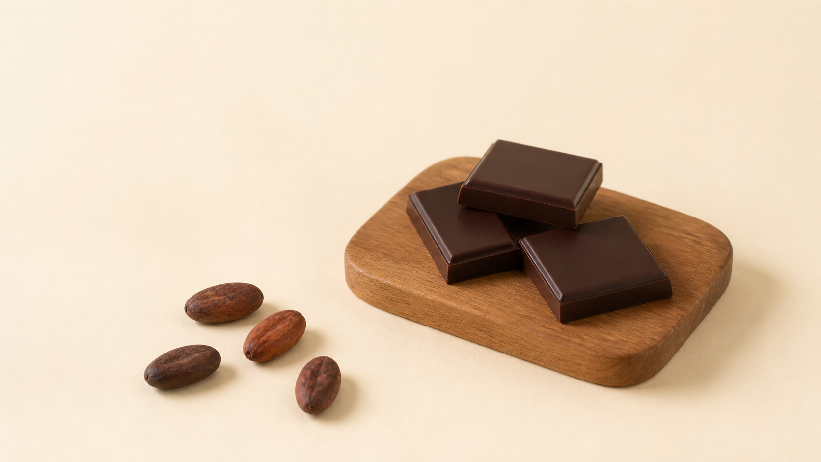 Chocolate negro y granos de cacao sobre una tabla de madera