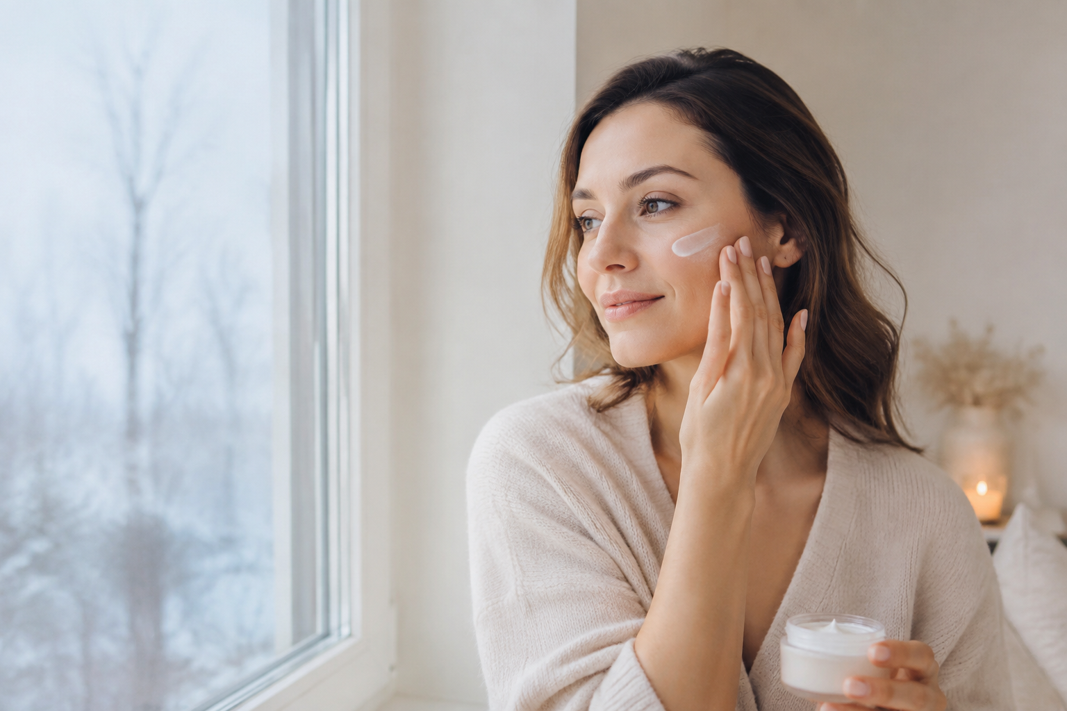 Mujer aplicando crema hidratante en el rostro junto a una ventana en invierno