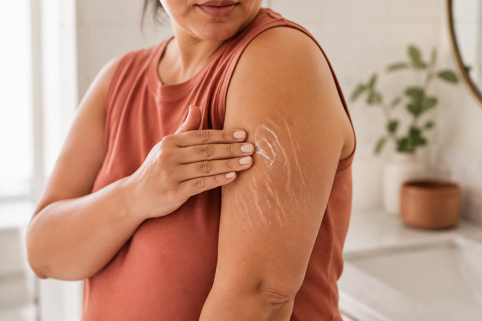 Persona aplicando crema hidratante sobre estrías en el brazo