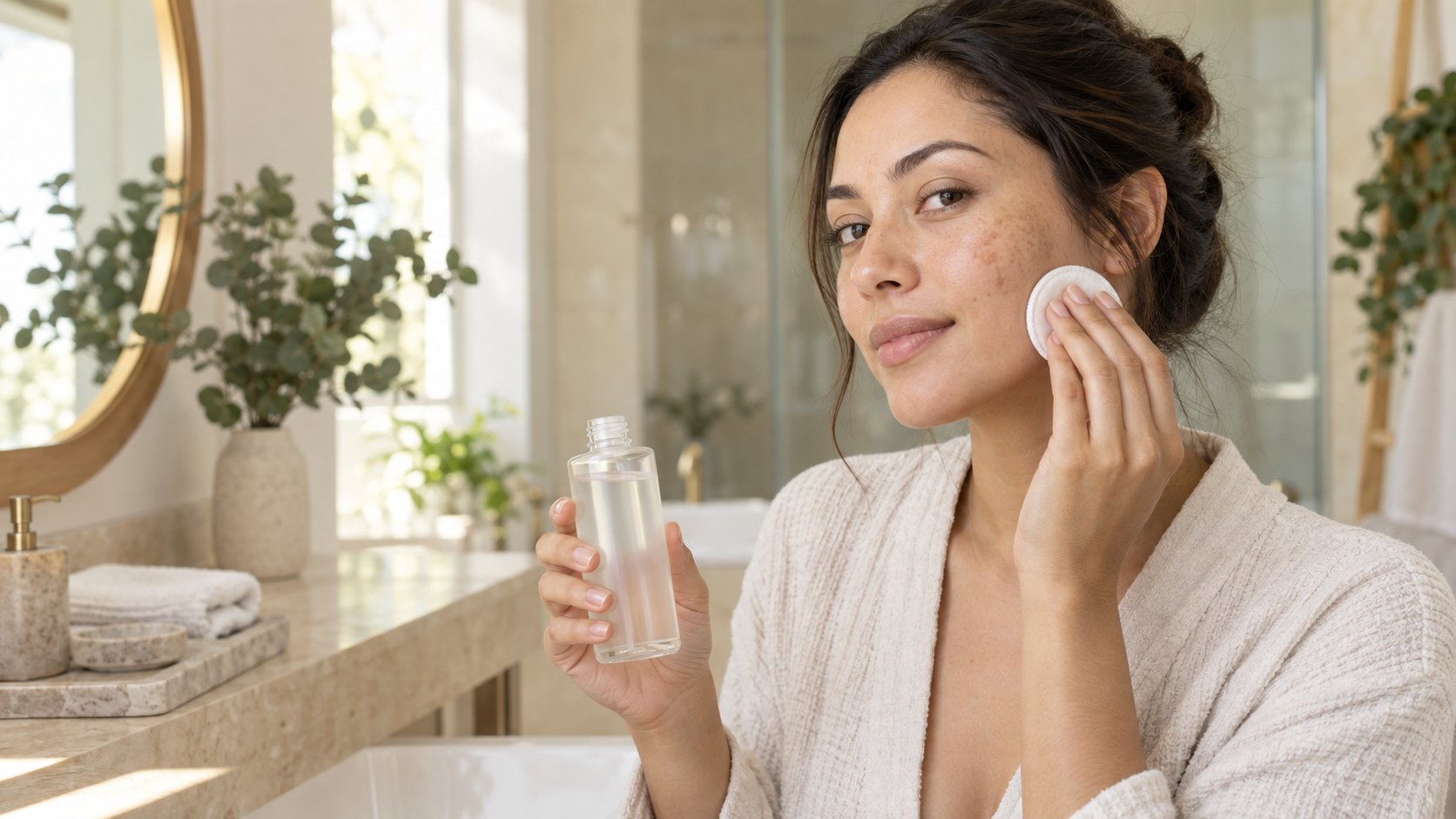 Mujer aplicando tónico facial sobre manchas de la piel
