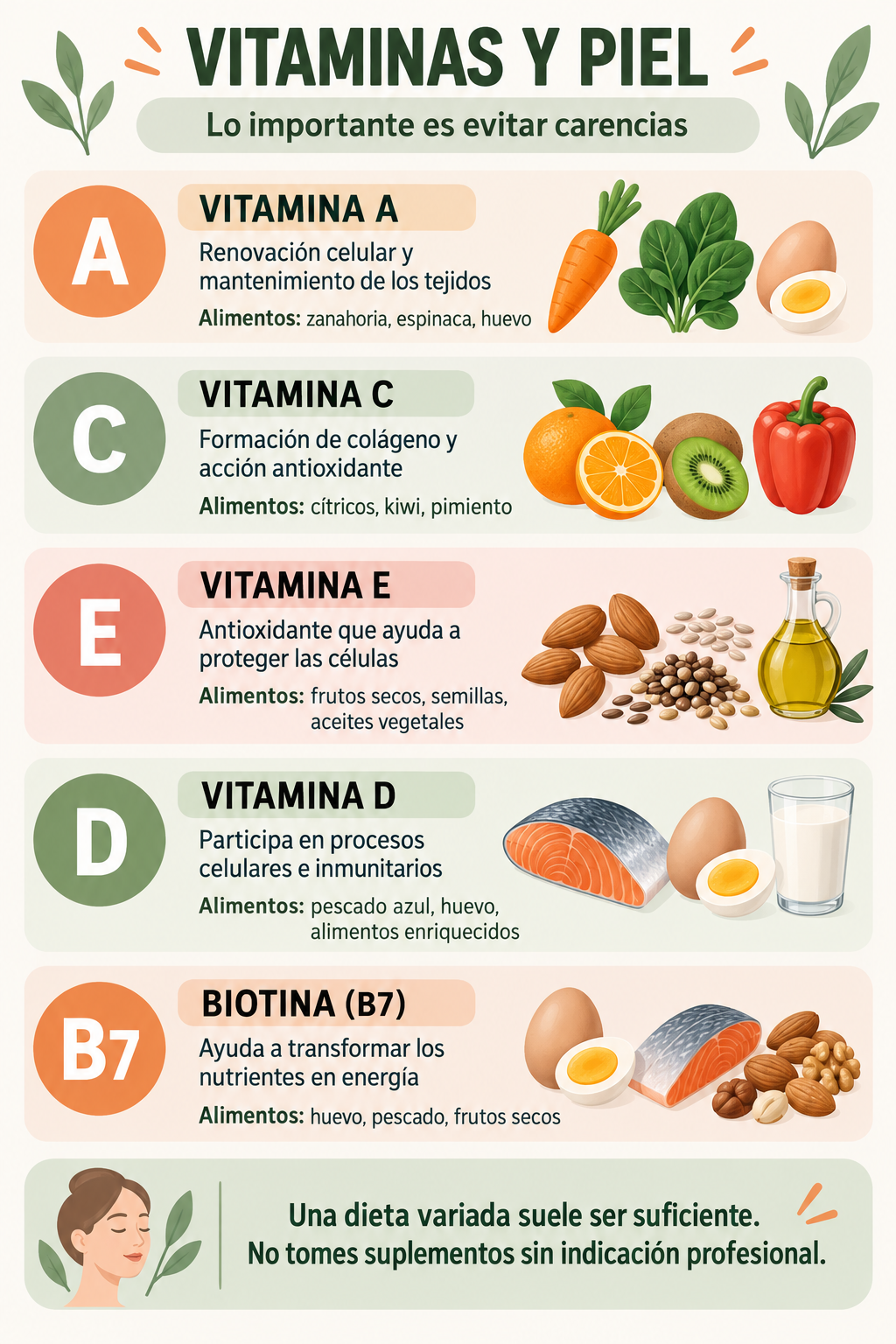 Infograf&iacute;a sobre vitaminas A, C, E, D y biotina para la piel