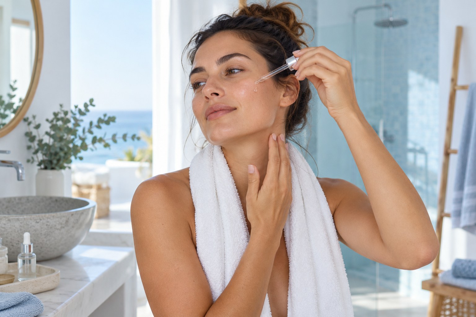 Mujer aplicando s&eacute;rum after sun en rostro y cuello
