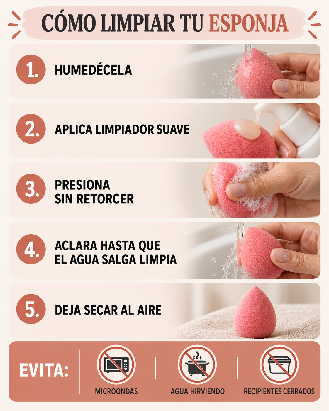 Infograf&iacute;a con cinco pasos para limpiar una esponja de maquillaje