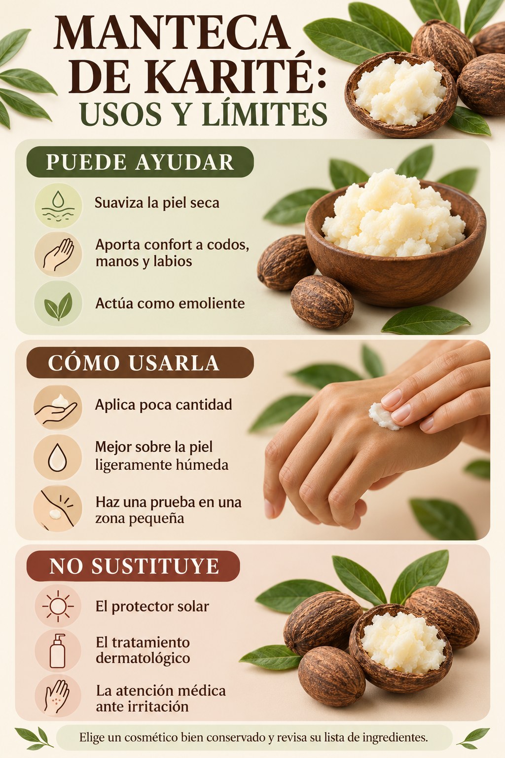Infograf&iacute;a sobre usos, aplicaci&oacute;n y l&iacute;mites de la manteca de karit&eacute;