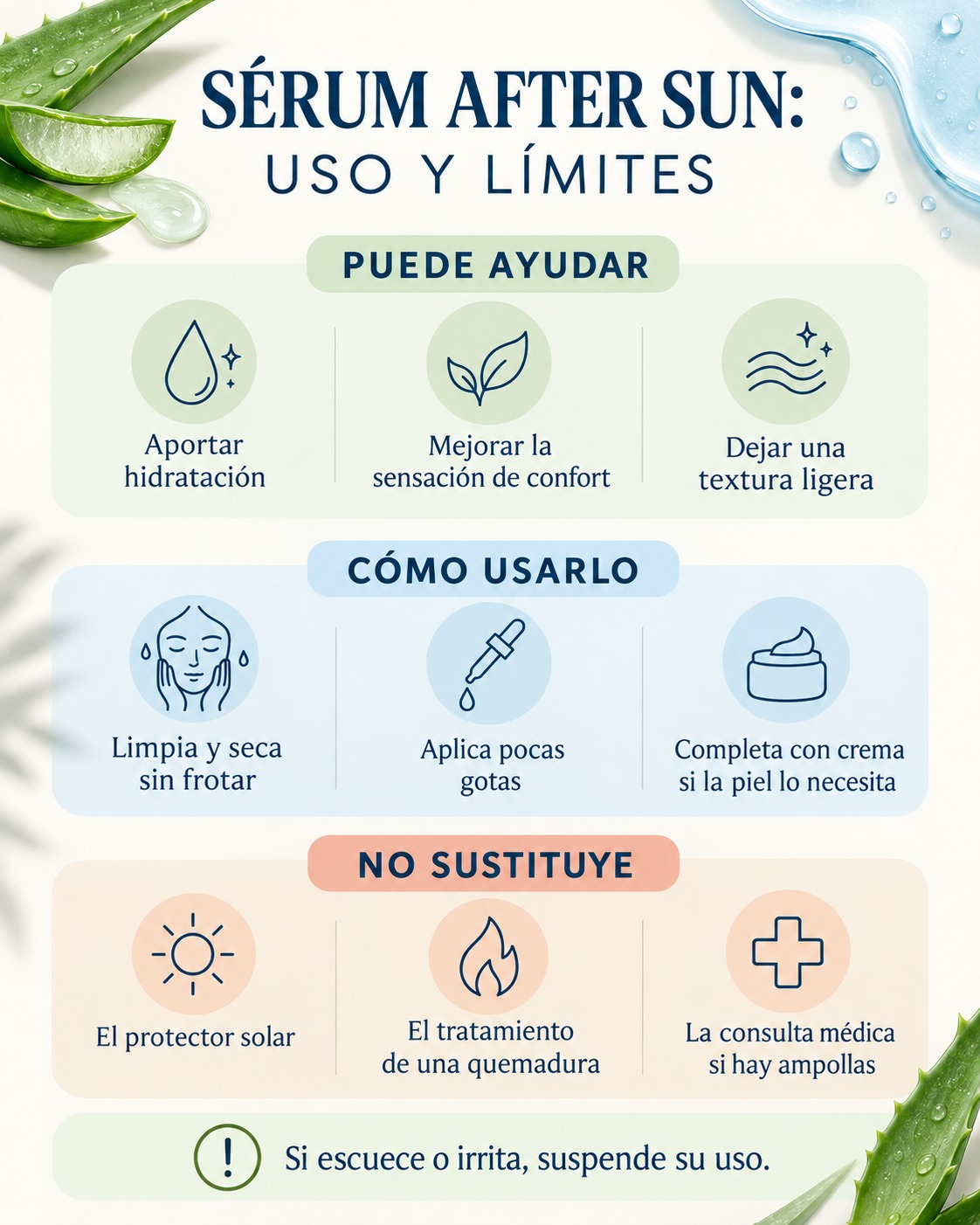 Infograf&iacute;a sobre c&oacute;mo usar un s&eacute;rum after sun y qu&eacute; no sustituye