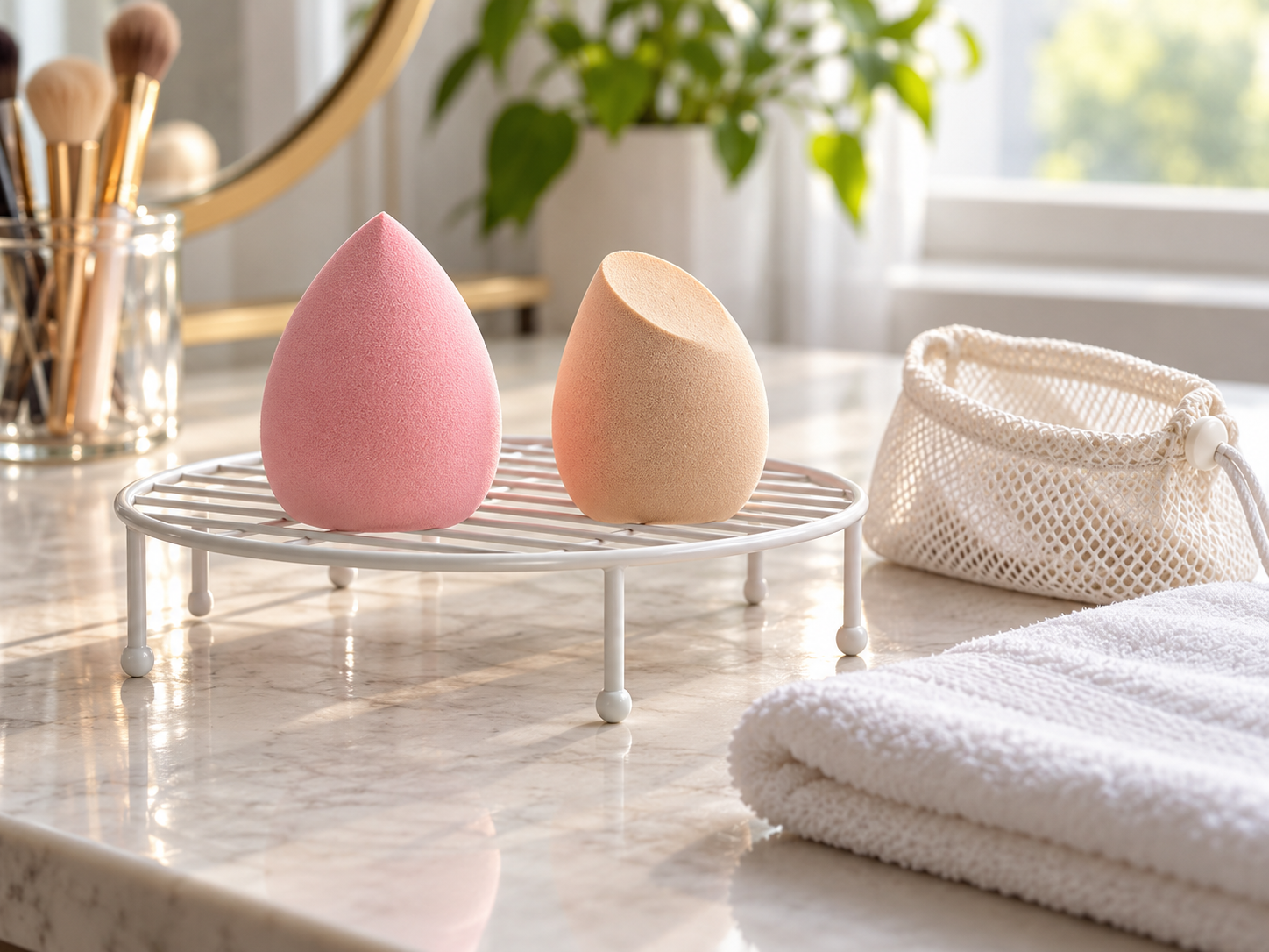 Esponjas de maquillaje sec&aacute;ndose al aire en un soporte ventilado